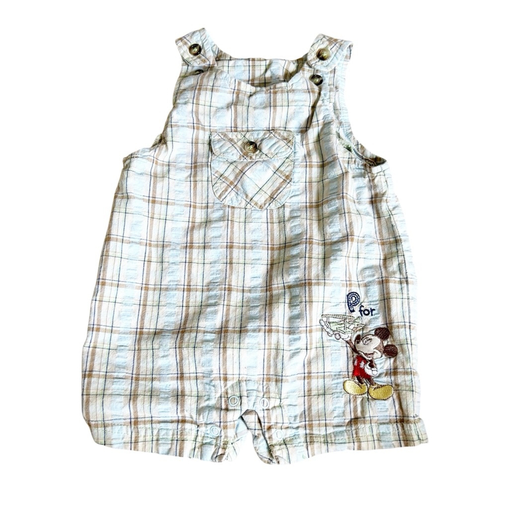 Vintage Early 2000 Disney Overalls 6-9M Blue Brown Plaid Mickey Mouse Romper